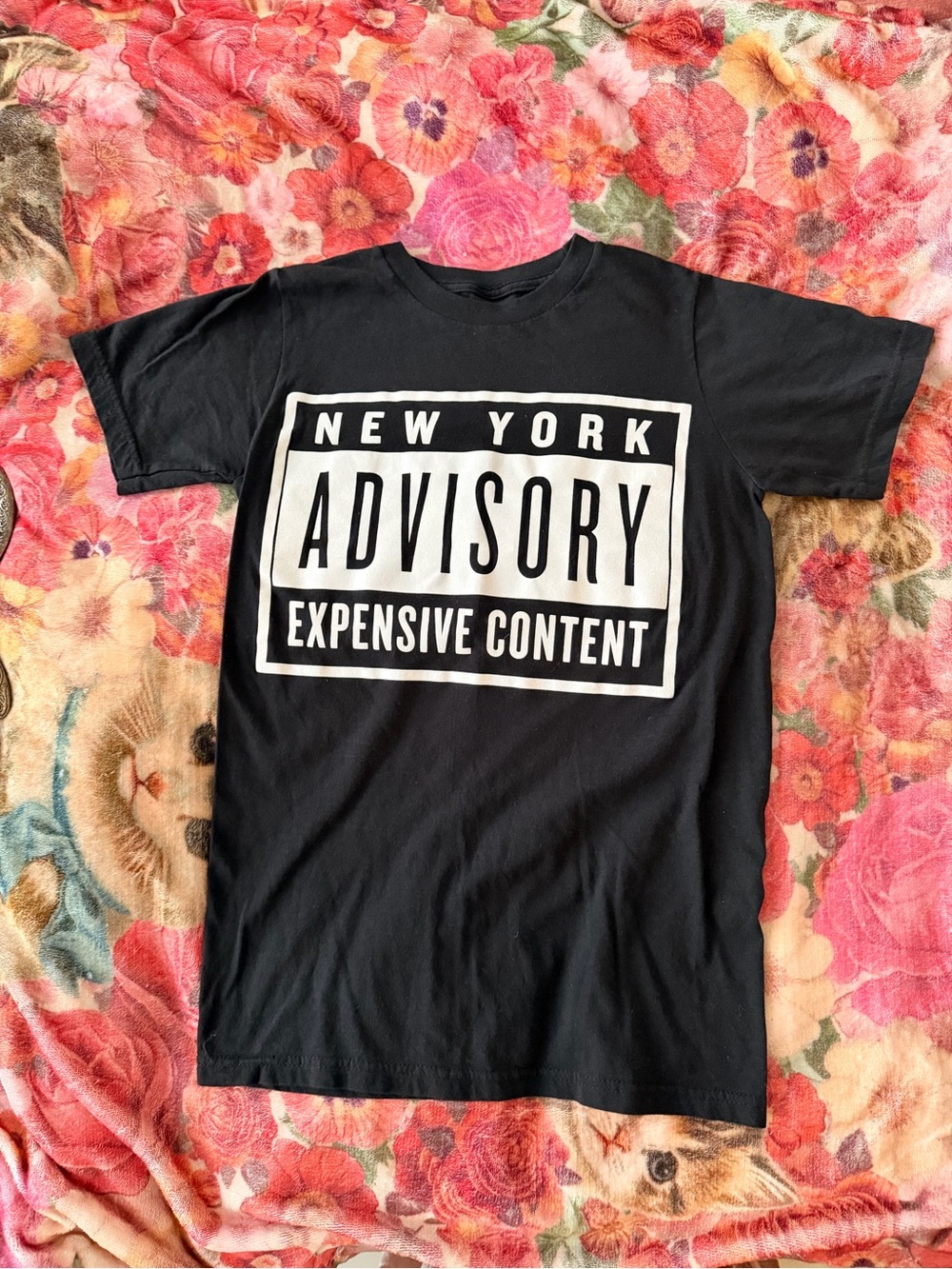 Reason Black Cotton t-shirt White Text 'NEW YORK ADVISORY EXPENSIVE CONTENT'
